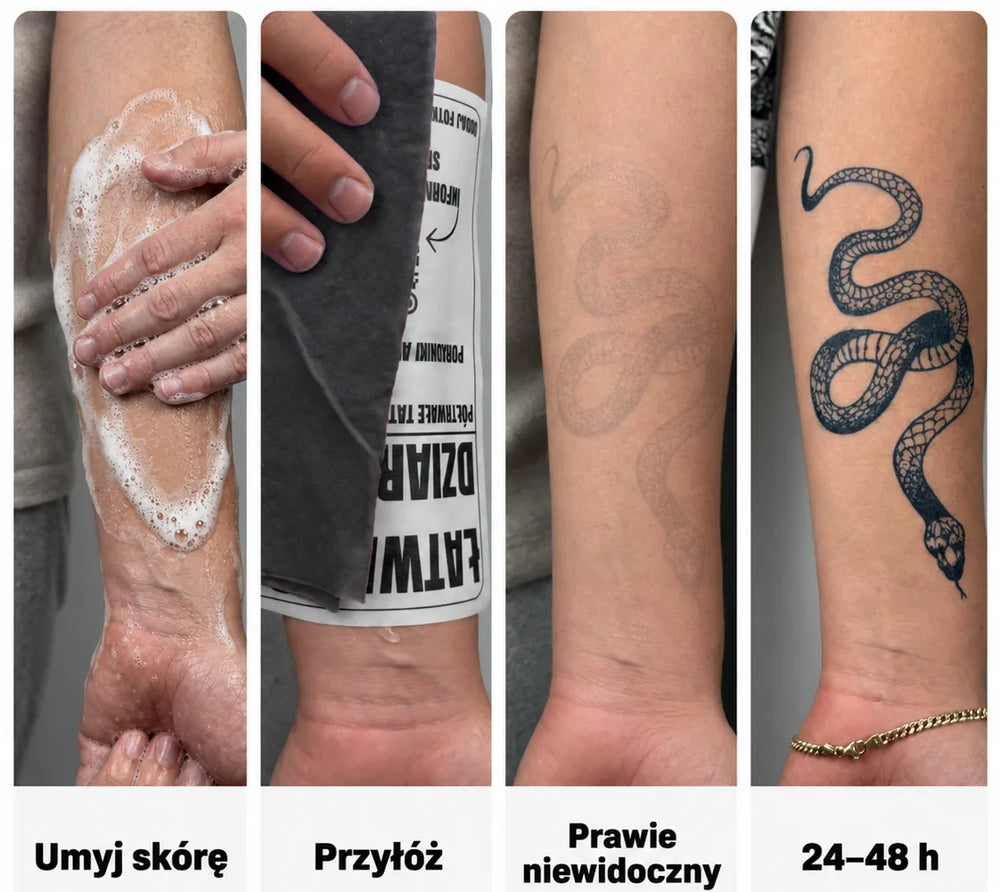 Istruzioni originali Easy Tattoo con carta contrassegnata dal logo del marchio e dalla fase del disegno quasi invisibile