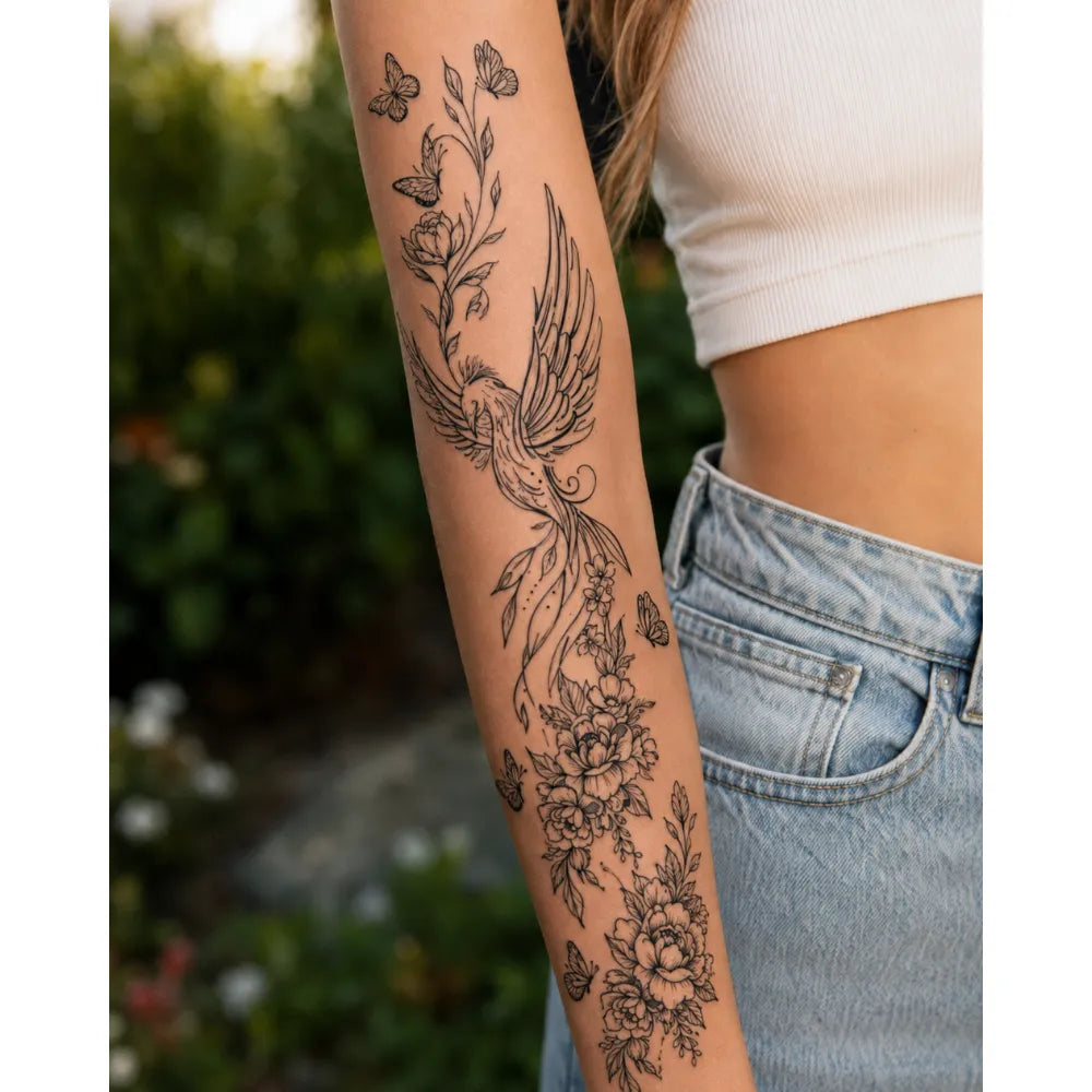 SafeTatt — Floral Phoenix · fotografie tetování na kůži